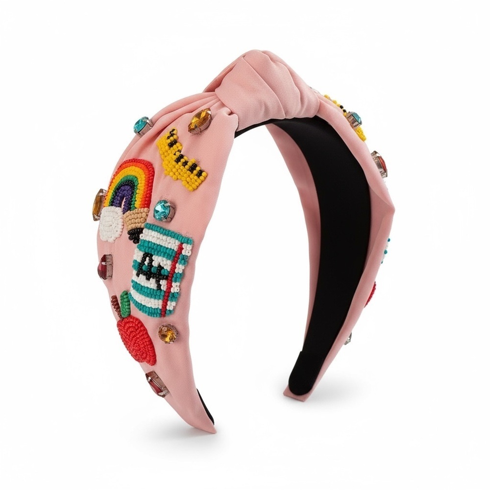Colorful Embroidered Teacher Pink Headband with Beads
